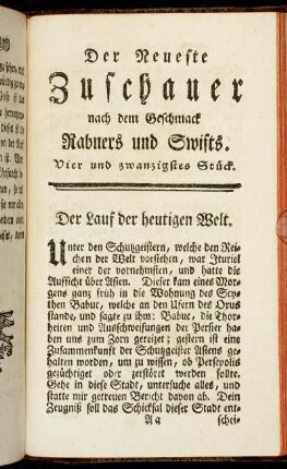 Der neueste Zuschauer nach dem Geschmack Rabners und Swifts. Vier und zwanzigstes Stück.
