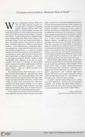 Powitanie nowej redakcji "Biuletynu Historii Sztuki"