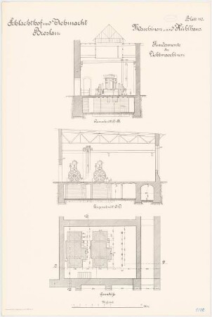 Schlachthof und Viehmarkt, Breslau Maschinen- und Kühlhaus: Fundamente der Lichtmaschinen: Grundriss Längsschnitt Querschnitt 1:50
