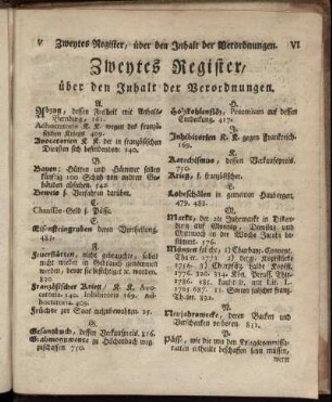 Zweytes Register, über den Inhalt der Verordnungen.