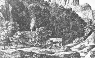 Kirnitzschtal (Landschaft). Heidemühle im Kirnitzschtal, Radierung von Adrian Ludwig Richter (1803-1884)