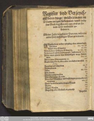Register und Verzeychniß deren dinge/ welche jemann im Träume mögen fürkommen/ unnd in disem Buch begriffen/ wie eyn jedes an seinem Orte nachmals zu finden/ [et]c.