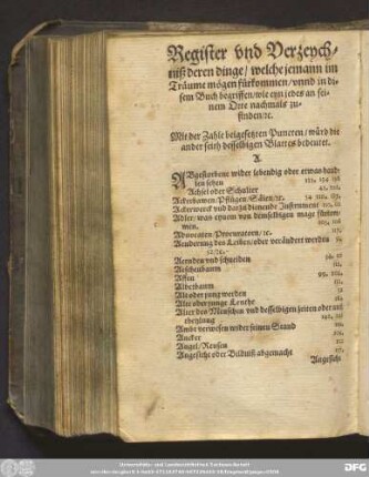 Register und Verzeychniß deren dinge/ welche jemann im Träume mögen fürkommen/ unnd in disem Buch begriffen/ wie eyn jedes an seinem Orte nachmals zu finden/ [et]c.