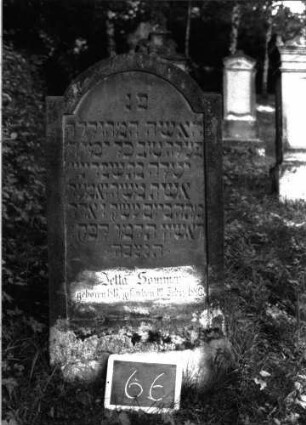 Grabstein 66 (Index: 100100987) Material: Sandstein Zustand: verwittert Maße HxBxT: 124x60x9 cm Beschreibung: Stele, eingezogener Rundbogenabschluß: Grabstein 66