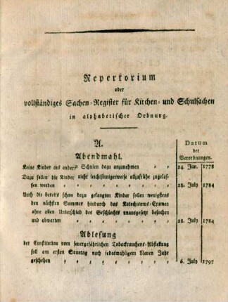 Repertorium oder vollständiges Sachen-Register für Kirchen- und Schulsachen in alphabetischer Ordnung