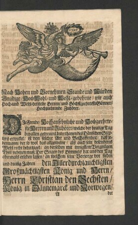 [Als Des Allerdurchlauchtigsten Großmächtigsten Königs und Herrn / Herrn Christian des Sechsten / ... ]