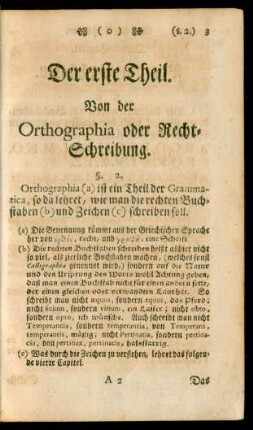 Der erste Theil. Von der Orthographia, oder Recht-Schreibung.