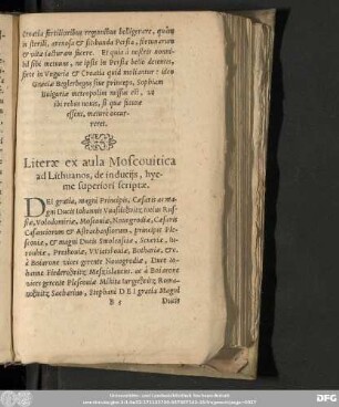 Literae ex aula Moscovitica ad Lithuanos, de induciis, hyeme superiori scriptae.