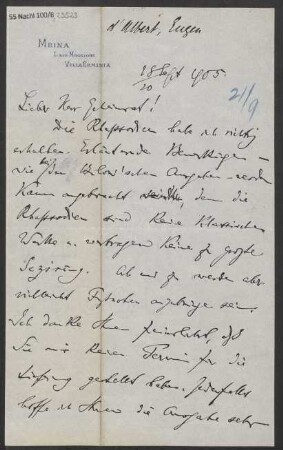 Brief an Ludwig Strecker  und B. Schott's Söhne : 18.09.1905