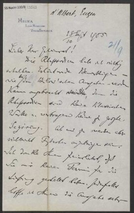 Brief an Ludwig Strecker <senior> und B. Schott's Söhne : 18.09.1905