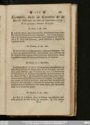 Exemples, tirés de Gazettes & du Mercure Historique du Mois de Septembre 1719. & de quelques Auteurs François.