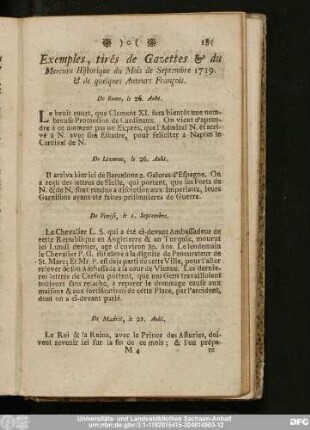 Exemples, tirés de Gazettes & du Mercure Historique du Mois de Septembre 1719. & de quelques Auteurs François.