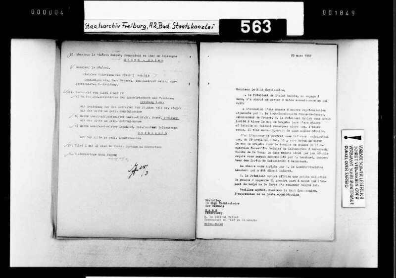 Abschuss von Auerhähnen durch Gäste des Staatspräsidenten (Generalkonsul Dr. Adolf Ammann, Regierungs- und Nationalrat Fritz Brechbühl, Ministerpräsident Kopf, Hochkommissar John McCloy und Sohn, Commandant en Chef en Allemagne General Noiret)