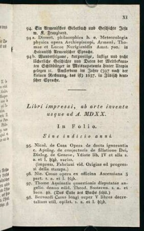 XI-XXVII, Libri impressi, ab arte inventa usque ad A. MDXX.