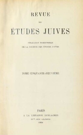 tome 59e: Revue des études juives