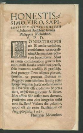 Honesissimo Viro ... Iohanni Botichero seniori Philippus Melanthon.