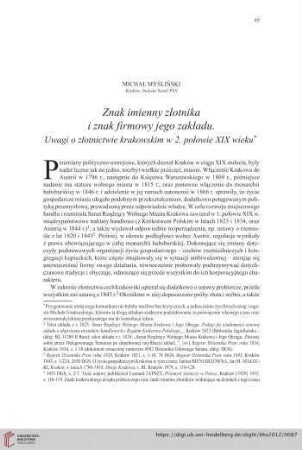 74: Znak imienny złotnika i znak firmowy jego zakładu : Uwagi o złotnictwie krakowskim w 2. połowie XIX wieku*