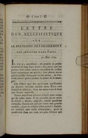 Lettre D' Un Ecclésiastique Sur Le Prétendu Rétablissement Des Jésuites Dans Paris.
