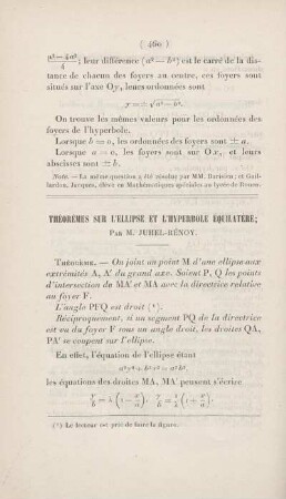Théorèmes sur l'ellipse et l'hyperbole équilatère.