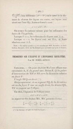 Théorèmes sur l'ellipse et l'hyperbole équilatère.