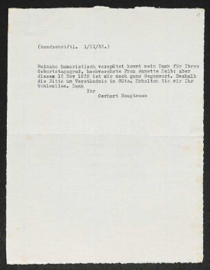 Brief von Gerhart Hauptmann an Annette Kolb