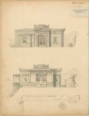 Maleratelier Monatskonkurrenz März 1874: Aufriss Vorderansicht (Eingang), Seitenansicht; 2 Maßstabsleisten