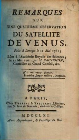 Remarques Sur Une Quatriéme Observation Du Satellite De Venus Faite à Limoges le 11. Mai 1761