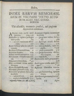 Index Rerum Memorabilium in Volumine Tertio Actorum Acad. Nat. Curiosorum