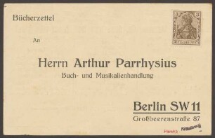 Bücherzettel Buch- und Musikalienhandlung „Arthur Parrhysius“, Großbeerenstraße 87