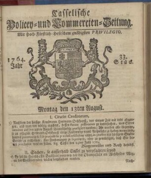 33. Stueck, Montag den 13ten August 1764