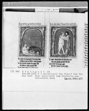 Weltchronik - Bruder Philipp — ---, Folio 256recto-342verso---, Folio 256recto-342versoTextseite mit zwei Miniaturen zum Gleichnis vom verlorenen Sohn, Folio 304verso