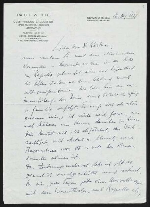 Brief von Carl F. W. Behl an Erhart Kästner