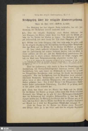 Reichsgesetz über die religiöse Kindererziehung. Vom 15. Juli 1921