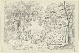 Herde von Kühen und Schafen im Wald
