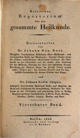 Kritisches Repertorium für die gesammte Heilkunde. 14. 1826