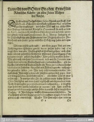 Leopoldt von GOttes Gnaden Erwehlter Römischer Käyser, zu allen Zeiten Mehrer des Reichs
