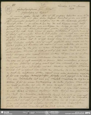 Eigenh. Brief von Christian Lassen an August Wilhelm von Schlegel, London, 01.01.1824