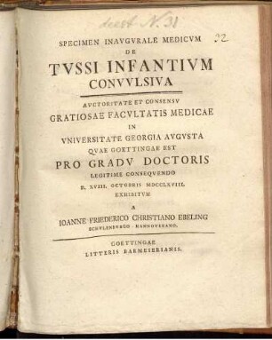 Specimen Inavgvrale Medicvm De Tvssi Infantivm Convvlsiva
