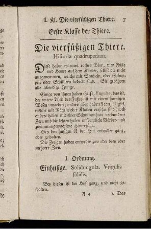Erste Klasse der Thiere. Die vierfüßigen Thiere. Historia quadrupedum.