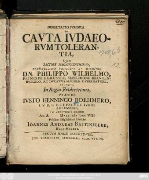 Dissertatio Ivridica De Cavta Ivdaeorvm Tolerantia