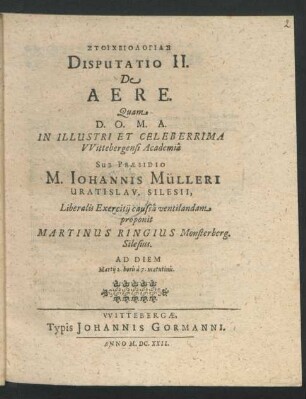 Stoicheiologias Disputatio II. De Aere