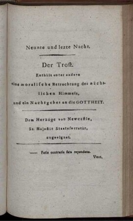 Neunte und lezte Nacht. Der Trost.