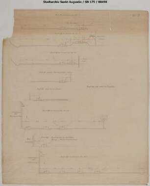 Querprofile XVII-XXIV, Blatt 3 u.a. Güterschuppen Schönenberg, Güterschuppen Felderhoferbrücke, Brücke bei Felderhoferbrücke (Brücke C), Lagerhaus Schönau, Bahnhof Herrnstein.Profil über die gesamte Straßenbreite inklusive Gleise