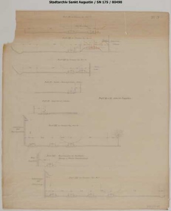 Querprofile XVII-XXIV, Blatt 3 u.a. Güterschuppen Schönenberg, Güterschuppen Felderhoferbrücke, Brücke bei Felderhoferbrücke (Brücke C), Lagerhaus Schönau, Bahnhof Herrnstein.Profil über die gesamte Straßenbreite inklusive Gleise