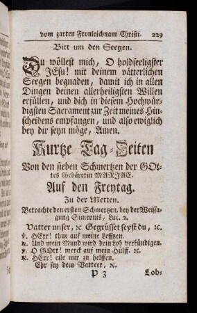 229-254b, Kurtze Tag-Zeiten von den sieben Schmertzen Mariä. Litaney vom Leyden und Sterben Christi Jesu. Gebett auf die Litaney.