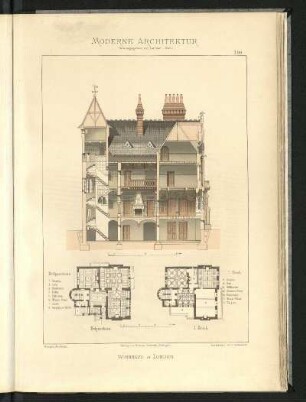 Wohnhaus in London. Burges, Architekt. Grundriss Erdgeschoss u. 1. Stock, Schnitt
