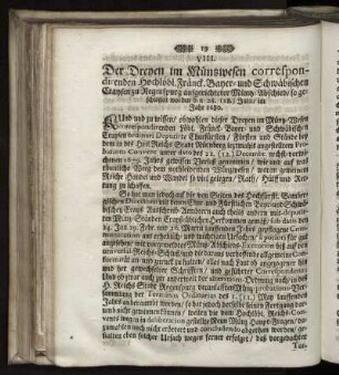 VIII. Der Dreyen im Müntzwesen correspondirenden Hochlöbl. Fränck- Bayer- und Schwäbischen Craysen zu Regensburg aufgerichteter Müntz-Abschied/ so geschlossen den 28. (18.) Juli im Jahr 1680