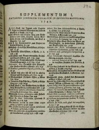 1: Supplementum ... catalogi librorum venalium in Officina Grossiana