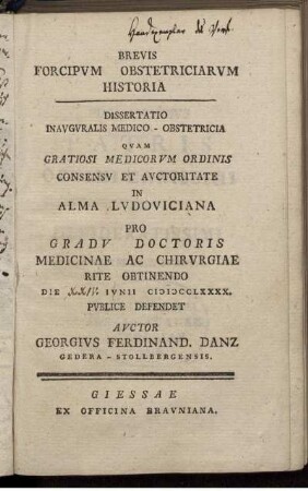 Brevis Forcipum Obstetriciarum Historia : Dissertatio Inauguralis Medico-Obstetricia