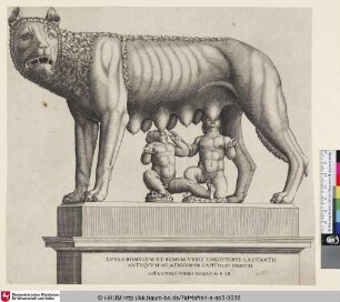 Lupae Romulum et Remum urbis conditores lactantis Antiquum ac Aeneum in Capitolio Signum